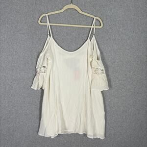 Boho Dress Large Cream Gauze Crochet Cold Shoulder Flowy Festival Rodeo Cottage‎